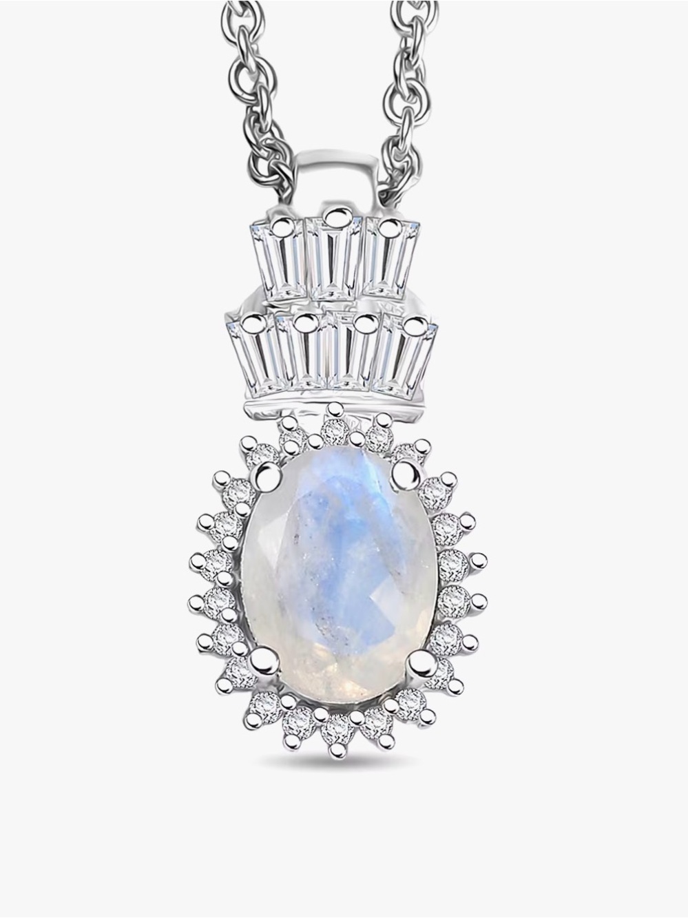 DJoy Women’s Moon Glow Moonstone/White Zircon Silver Pendant Necklace 20” New
